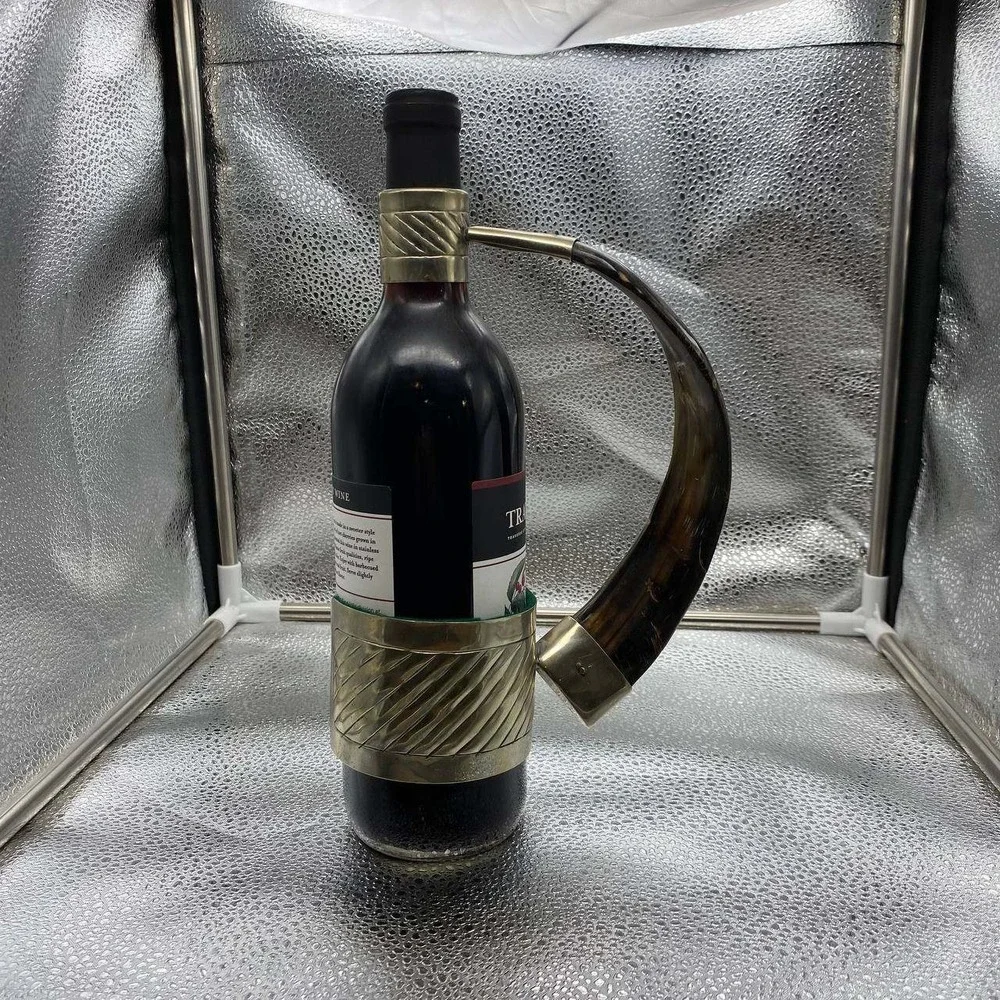Vintage Brass Horn Wine Bottle Holder‎ OS Brown Silver Real Horn Barware Decor
